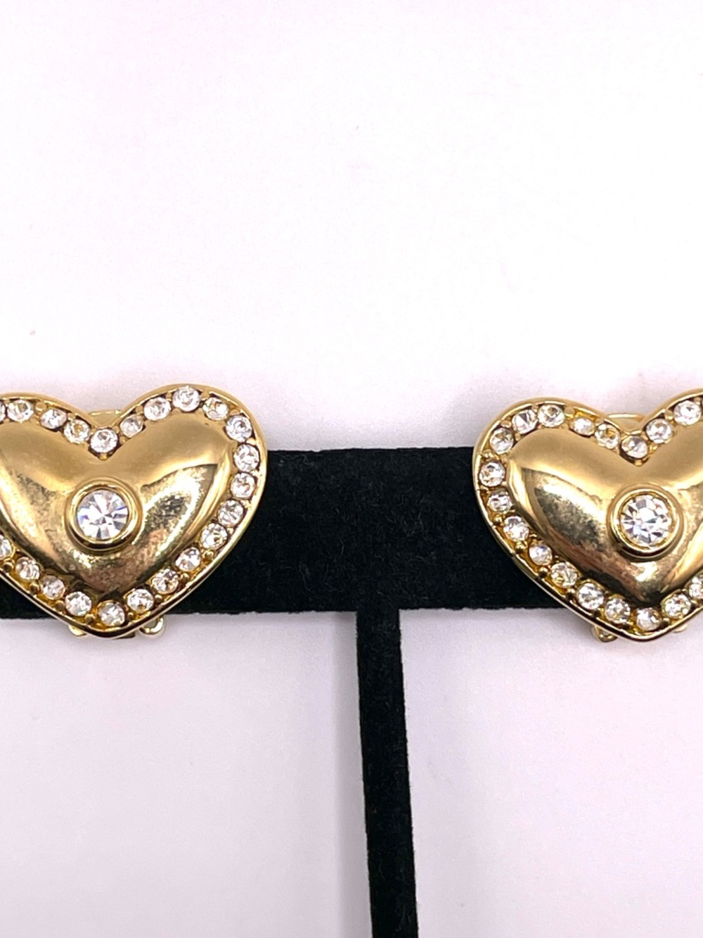 Vintage Polished Gold Tone Rhinestone CZ Chunky Heart Clip-on Earrings